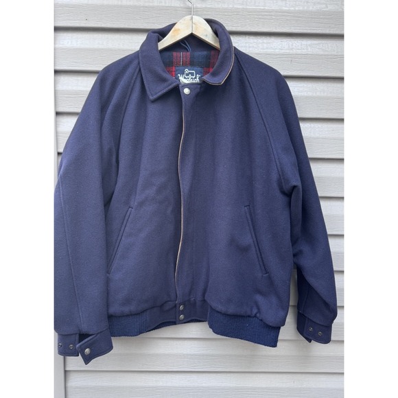 Men's Vtg WOOLRICH Navy Red Plaid Lined Wool Zip Up Bomber Jacket Coat Size L